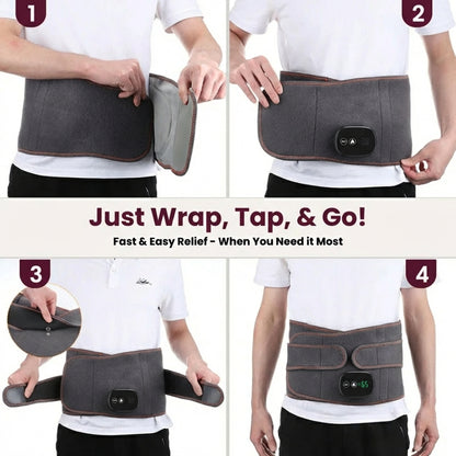 Step-by-step demonstration of using Therabelt wearable heating and vibration therapy belt for lower back pain relief and relaxation